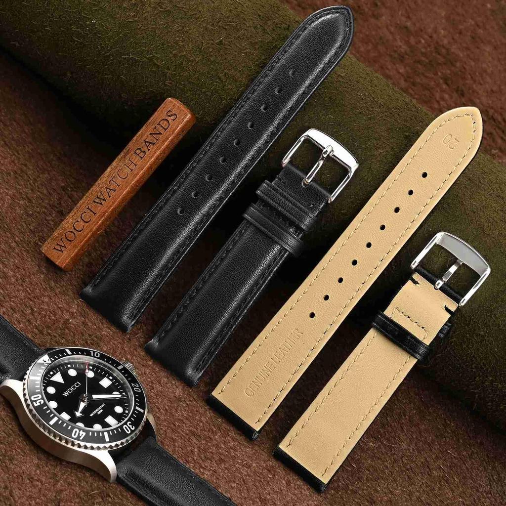 WOCCI 20mm Watch Replacement Watch Vintage Genuine Leather Watch Band with Tonal Includes Adjustment Tool and Spring Bars Strap, Strap, (Black