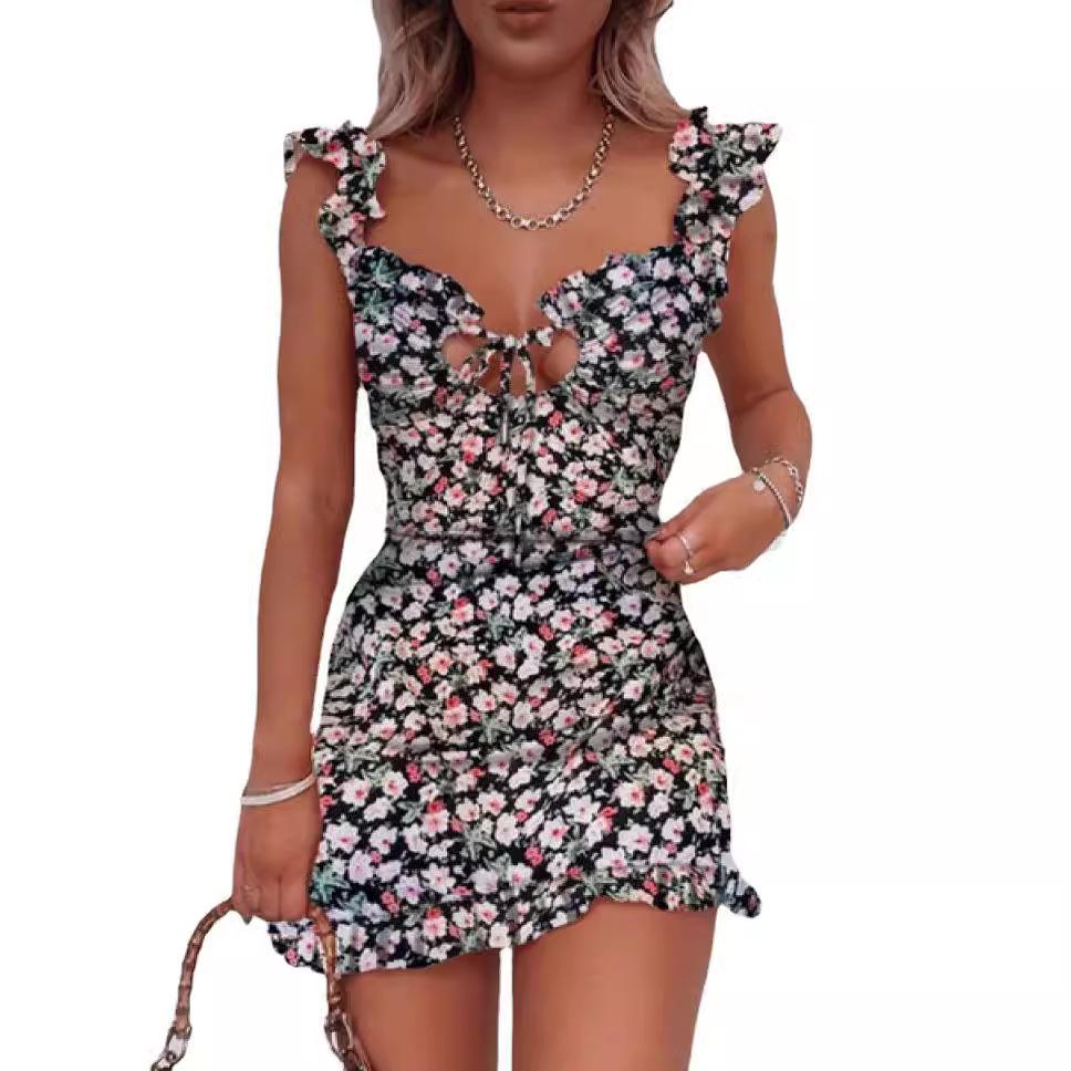 2023 European and American New Amazon Short Suspender Short Ruffle Edge Floral Dress In Stock