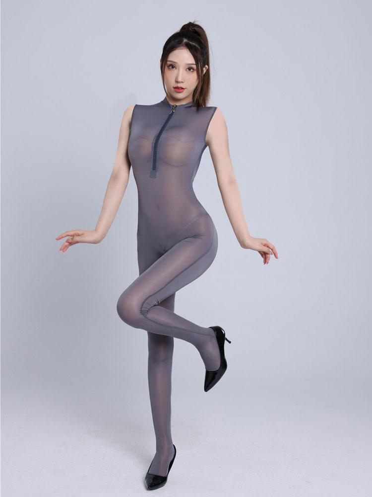 Zipper Open Crotch Sexy Leotard See Through Bodysuits Oil Shiny Tights Smooth Yoga Shaping Jumpsuits Elastic Catsuit Jumpsuit