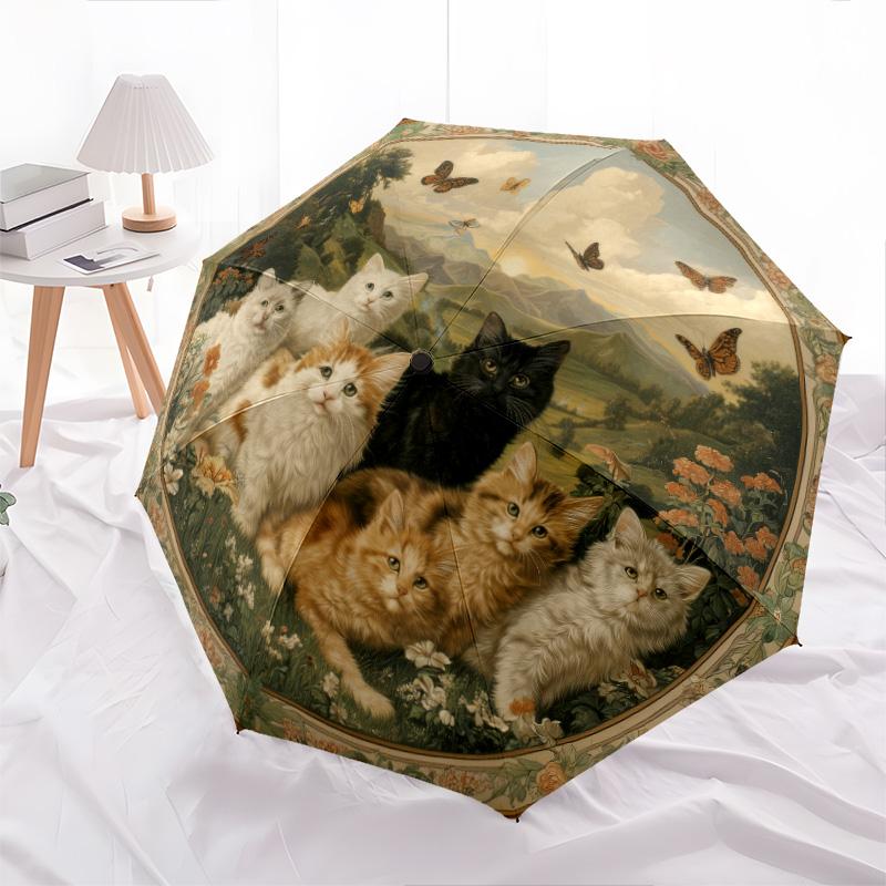 

Vintage Cat 2 pattern, automatic folding umbrella, portable and foldable design, 8 ribs, a Christmas or birthday gift.