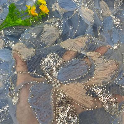 Luxury Pink 2026 High Quality French Tulle Sequins Lace Fabric Flower Butterfly Mesh Gauze Fabric 1 Yard for Wedding Party Dress
