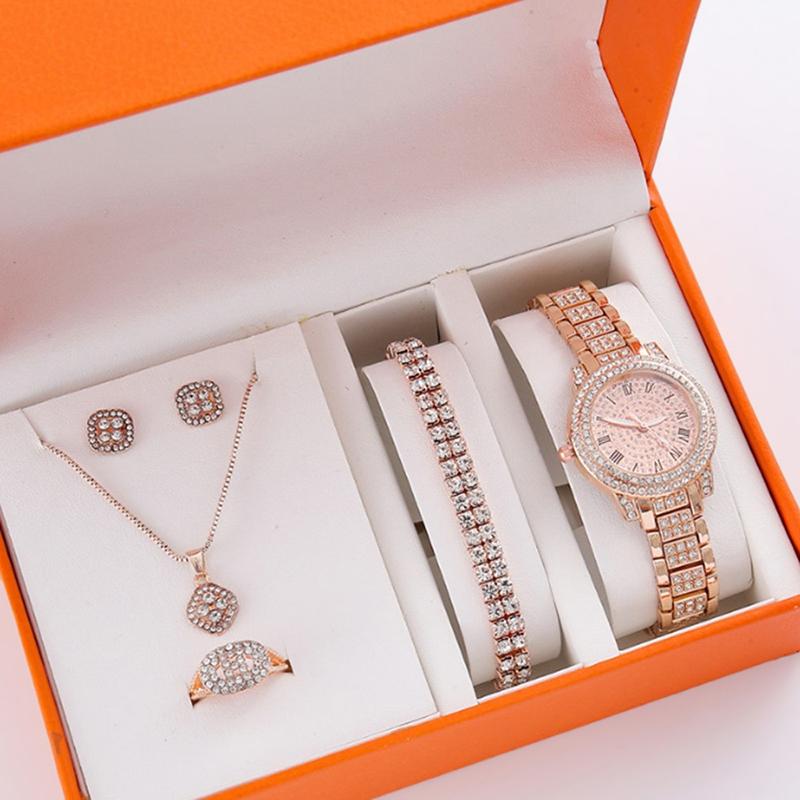 6Pcs Women'S Rhinestone Quartz Watch Set Fashion Wrist Watch & Jewelry Set Gift