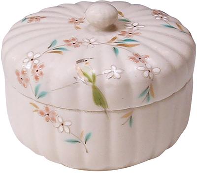 Kyoto-yaki, Kiyomizu-yaki, Lidded Container (Gift Box), White, 9cm Diameter, Shisen Kiln, Flower Circle, Bird and Flower Design, FBI092