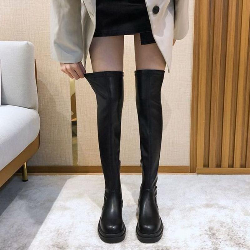 Women'S Over-The-Knee Stretch Boots  Autumn Winter New Slimming Black Height-Increasing Round Toe Mid-Heel Thick Sole Boots