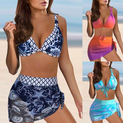 Damen V-Ausschnitt Sexy Badeanzüge Dreiteilige Outfits Push-Up Hohe Taille Bikini-Sets Hosenträger Bedruckte Bademode Tankinis Set
