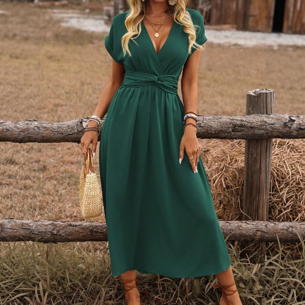 European and American Women's Summer Solid Color Waist V-neck Bat Sleeve Waist Fold Long Elegant Dress Women's Clothing
