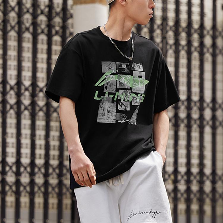 Li-Ning Retro Logo Print Crew Neck Short Sleeve Drop Shoulder T-Shirt Men Tops Black AHST725-1