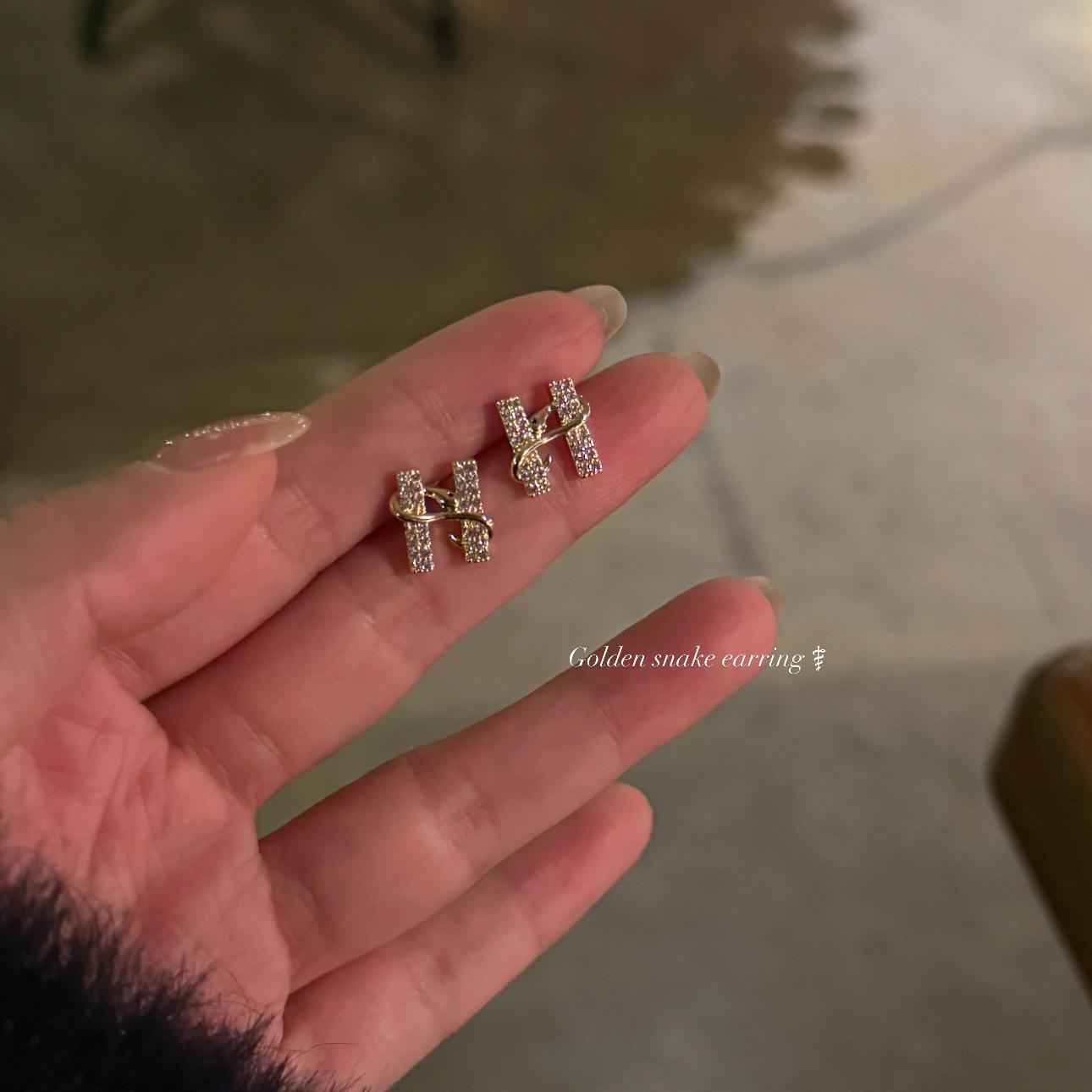 

ANENJERY Серьги с геометрическим узором в виде змеи и циркония с буквой H для женщин, ниша, высокая роскошь, уникальный, изысканный, универсальный темперамент, серьги, ювелирный подарок золотой
