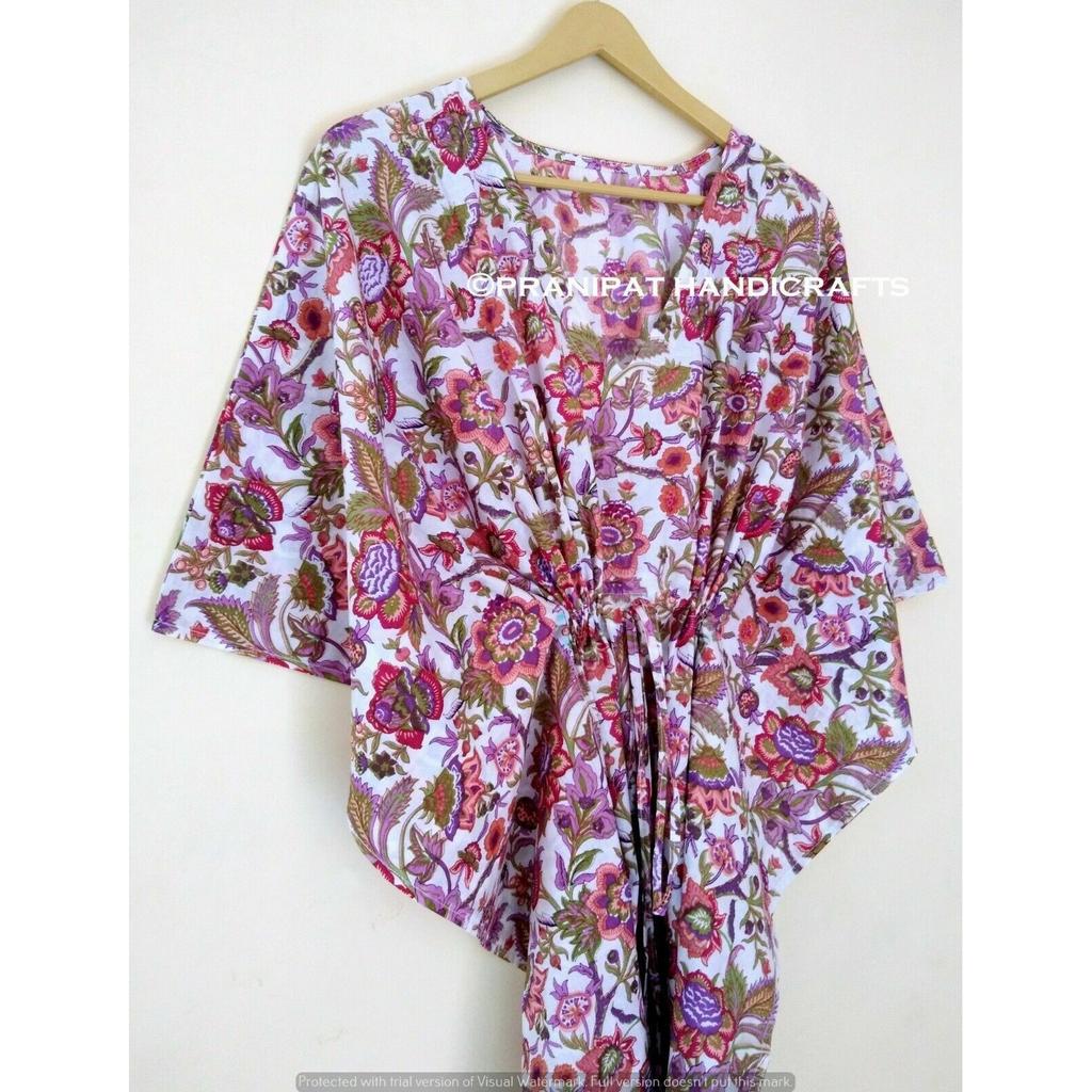 Indisches weißes langes Blumendruck-Baumwoll-Hippie-Maxi-Frauen-Nachtwäsche-Kaftan-Kleid CKFTN-SCRN-FULL-BUYIT-070