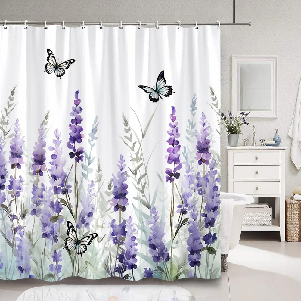 Purple Lavender Shower Curtain Fluttering Butterfly Botanical Flower Watercolour Art Painting Shower Curtain Bathroom Decoration