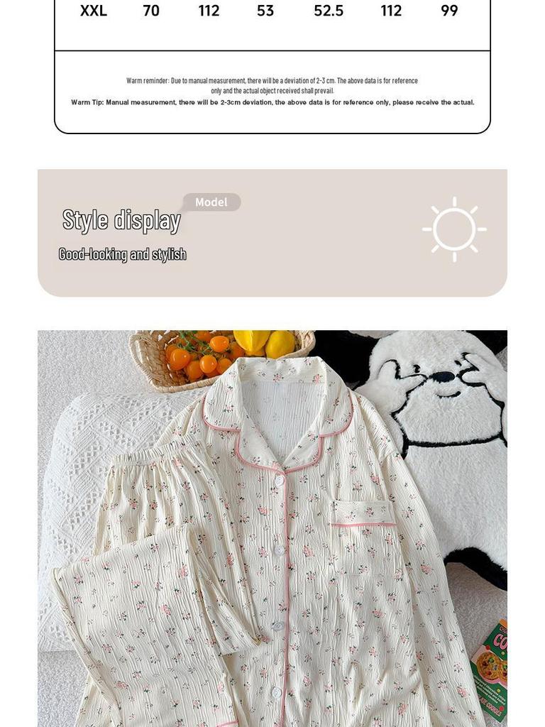 Women's High-End Crinkle Fabric Pajama Set - Long-Sleeved, Long Pants, Autumn Cardigan, Sweet Floral Pattern, Suitable for Outdoor and Home Wear.