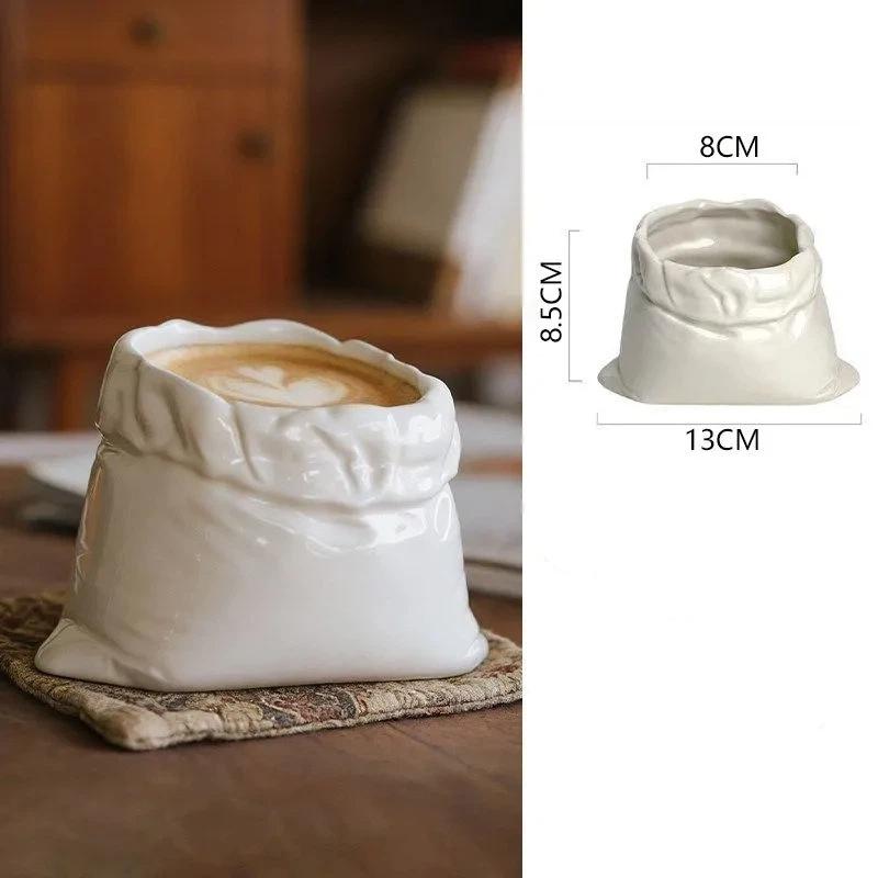 Creative Bag-Shaped Ceramic Coffee Mug, Irregular Fly-Opening Design Latte Cup A