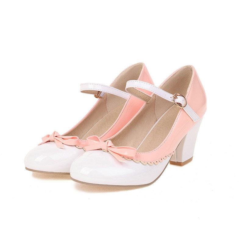 Size 32-48 Girls High Heel Lolita Shoes Woman Patent Leather Cute Bow Mary Jane Pumps Bride Wedding Party Shoes Red Pink Black