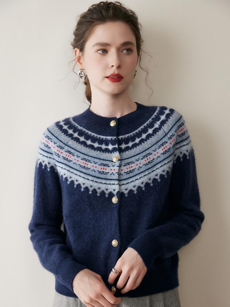 Women's Retro Fair Isle Cashmere Cardigan - Soft Long Sleeve Wool Sweater with Round Neck