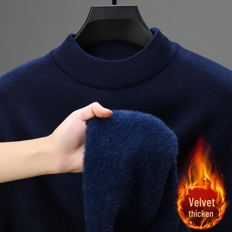 

Мужской шерстяной свитер на флисовой подкладке - Теплый, приятный к коже, с полувысоким воротником, однотонный XL