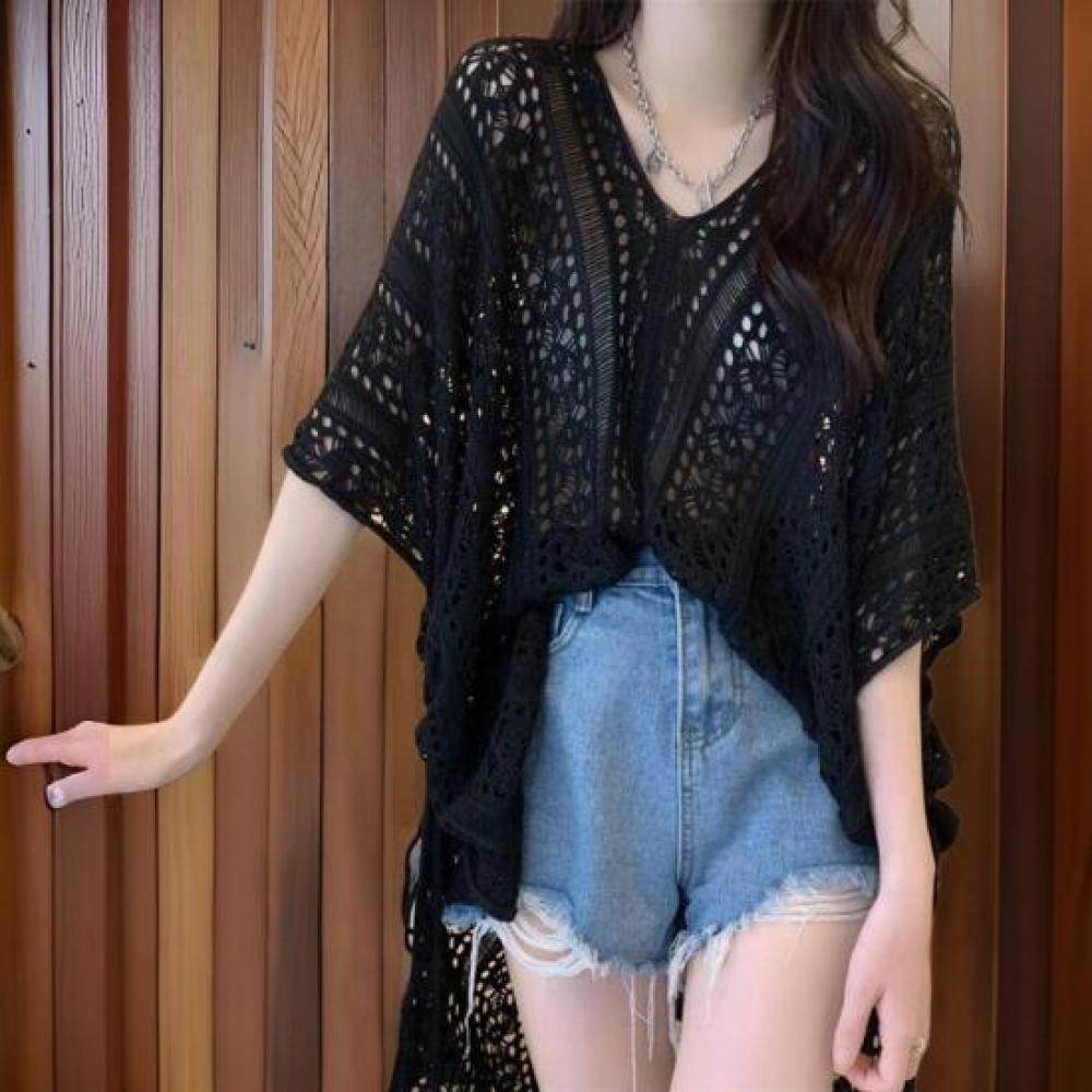 New Arrivals Open Run Women Long Knitted Cover Up With Mesh Pattern Short Sleeve