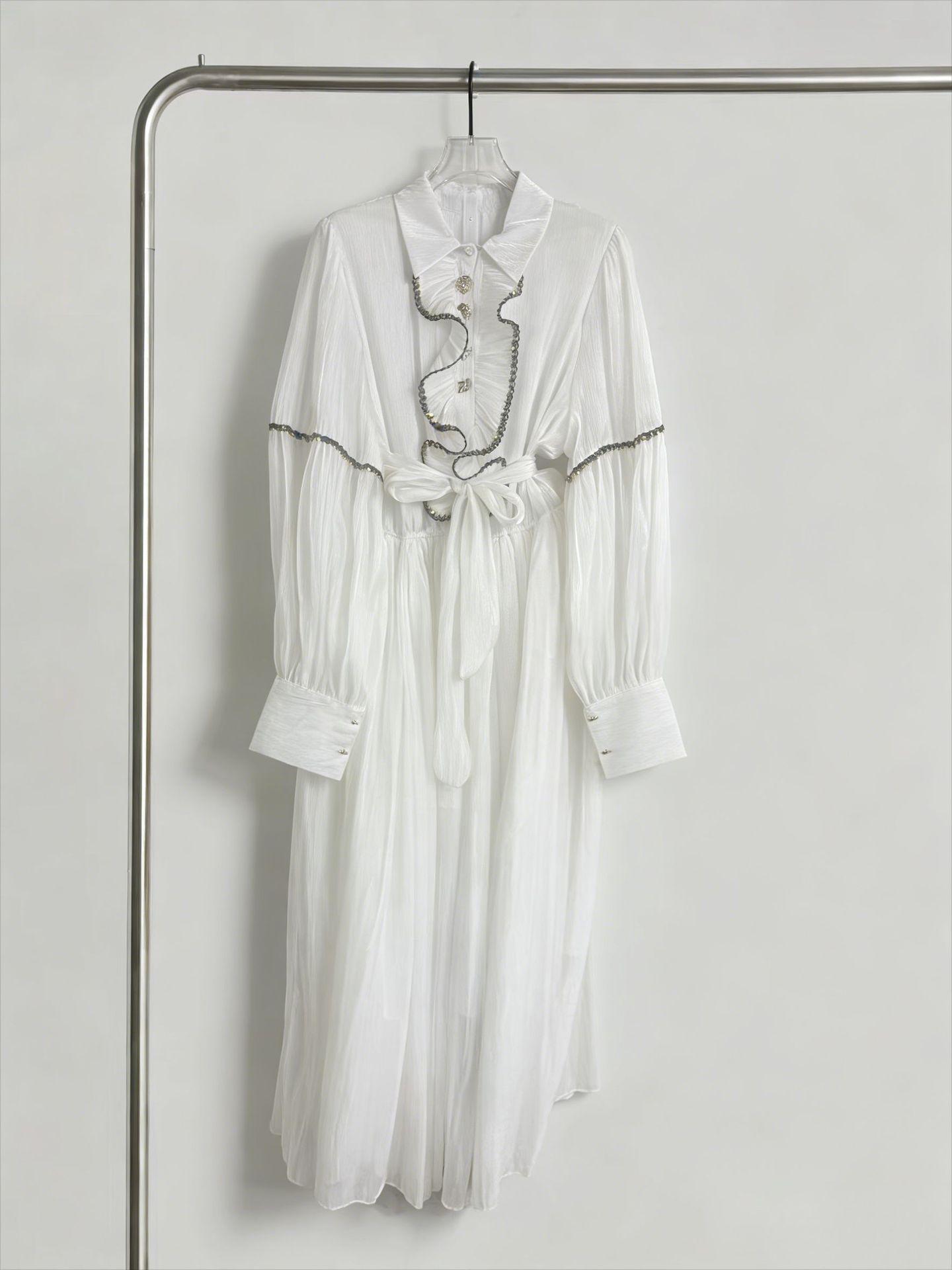 

European Spring French Elegant Ruffled Skirt with Waist Tie and Lapel Design S белый