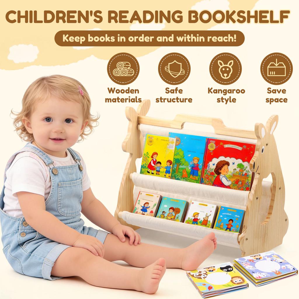 Kids Bookshelf Wooden Montessori Bookshelf with Carry Handle Toddler Picture Book Storage Rack Multi-Layer Storage Bookshelf