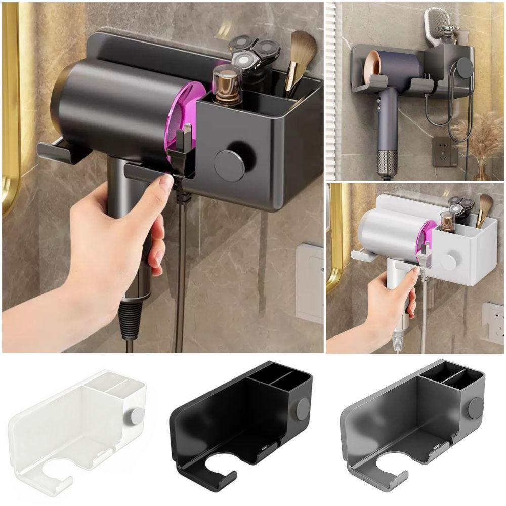 Wall Mounted Hair Dryer Holder Plastic Self Adhesive Storage Box Shelf Bathroom Organizer Black White Grey Dryer Hair Stand