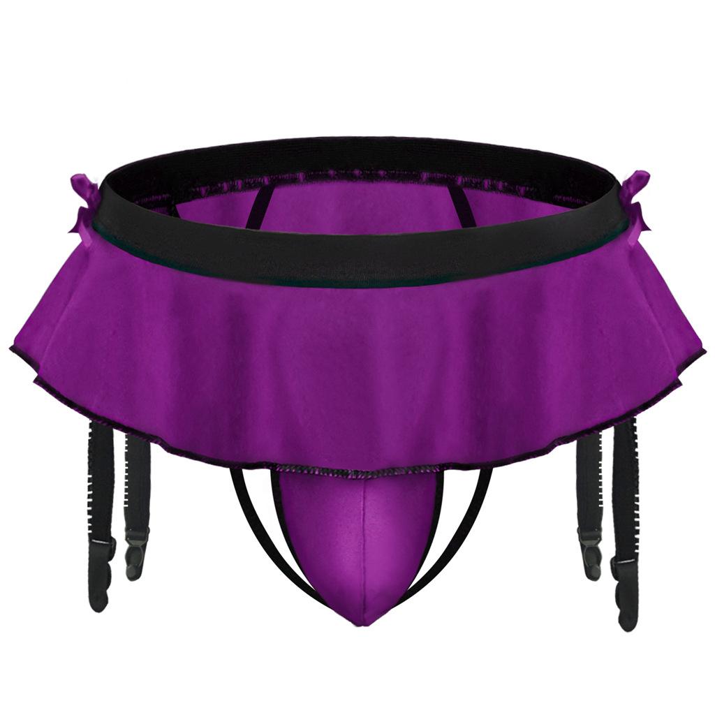 Men'S Sissy Skirted Ruffle Thong Panties Bowknot Low Rise G-String Bikini Briefs Underwear With 4 Gaters Belt Gay Sexy Lingerie