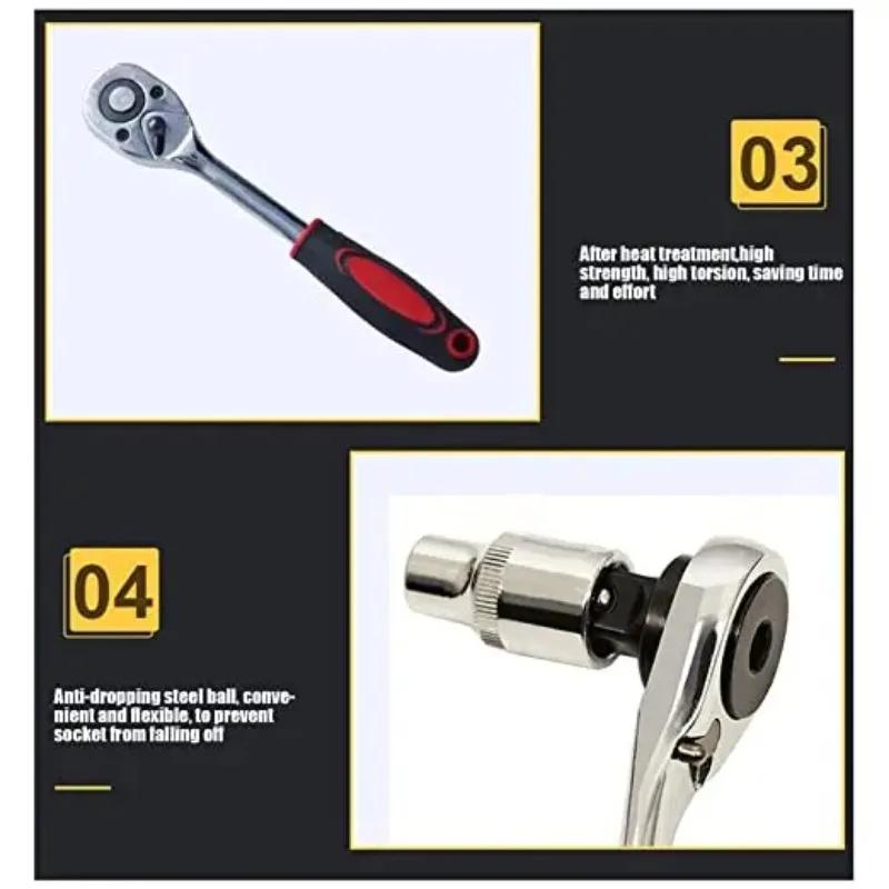 Adjustable 1/4 Ratchet Wrench - 24 Tooth Straight Shaft Ratchet Wrench with Non-slip Handle for Bicycle and Automotive Repair