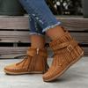Women's Solid Color Stylish Boots, Side Zipper Buckle Straps & Tassel Decor Boots, Winter Plush Round Toe Ankle Shoes