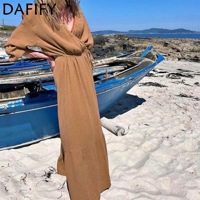 Robes décontractées pour femmes, mode printemps automne, couleur unie, imprimé, manches longues, col en v, taille moyenne