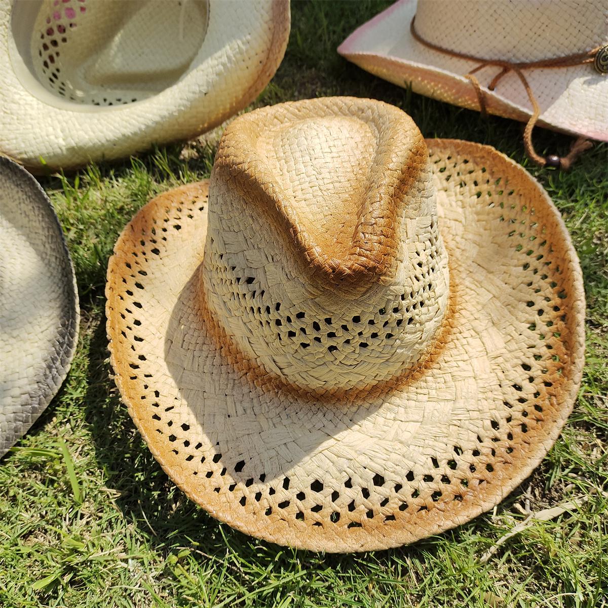 New Pink Hollow Weave Cowboy Hat Straw Hat Star Jazz Straw Hat Panama Paper Grass Western Denim Hat Fashion Travel Hat 2023 56-58CM