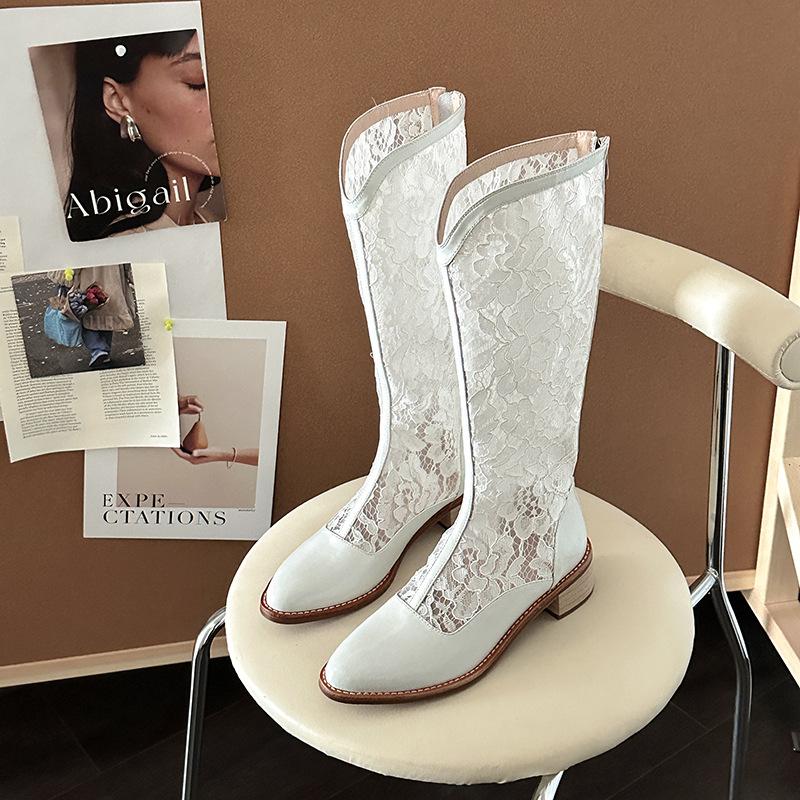 

Skinny Tall Cool Boots Women s Summer Hollow Mesh Boots Middle Heel Breathable Western Cowboy Boots Long Women s Roman Sandals 41 белый