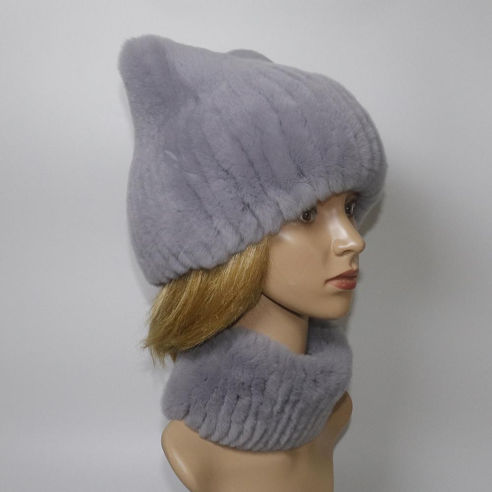 Winter Girls Fashion Fluffy Real Rex Rabbit Fur Hat Scarf Sets Warm Real Rex Rabbit Fur Cat's ear Hats Scarves Women Fur Caps