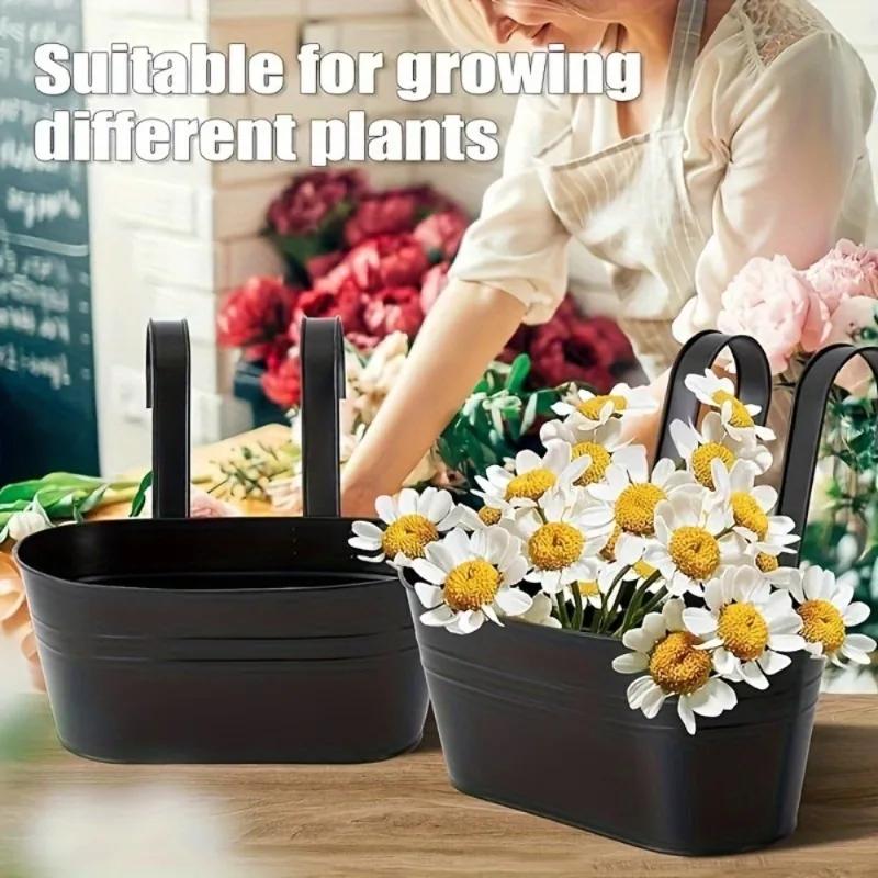 Iron Hanging Flower Pots Hanging Planters for Outdoor Plants Metal Railing Fence Planter with Drainage Holes and Hooks