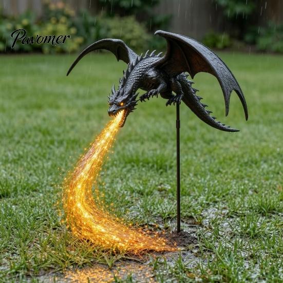Collectable Fantasy Sculpture Solar Fire-Breathing Dragon Light, Garden Stake Light Outdoor Statue, Waterproof Pathway for Yard Patio Lawn Medieval