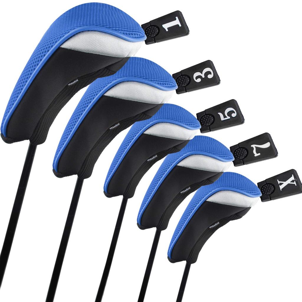 Andux Holz Golfschlägerhauben, Golf Holz Driver Schlägerhauben mit austauschbaren Nummern-Tags, Set von 5, MT/MG (Blau, 48)