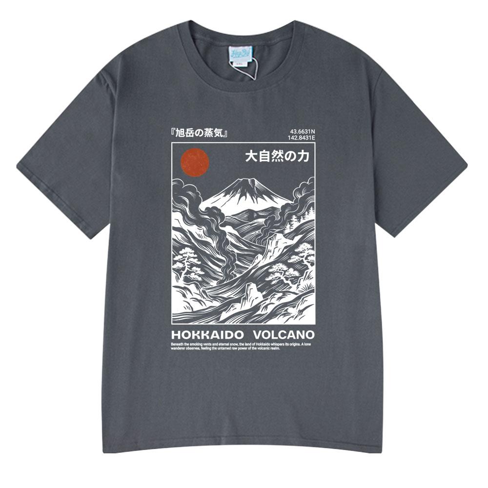 Hokkaido Volcano Illustration T-shirt Retro Okiyo-e Style Japanese Mountain Art TShirt Unisex Short Sleeve Cotton Casual Streetwear