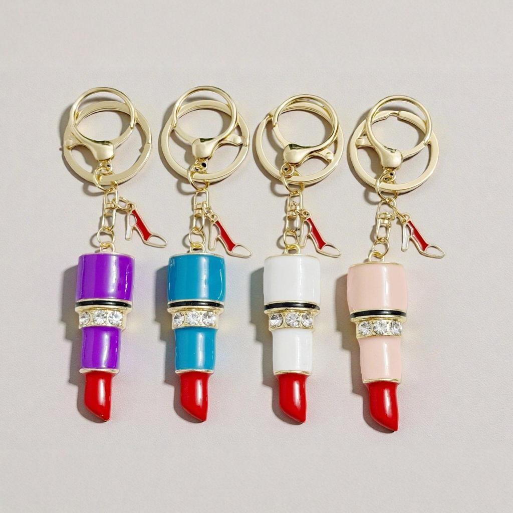 Rhinestone High Heel Lipstick Car Keychain - Women's Creative Metal Bag Pendant Gift