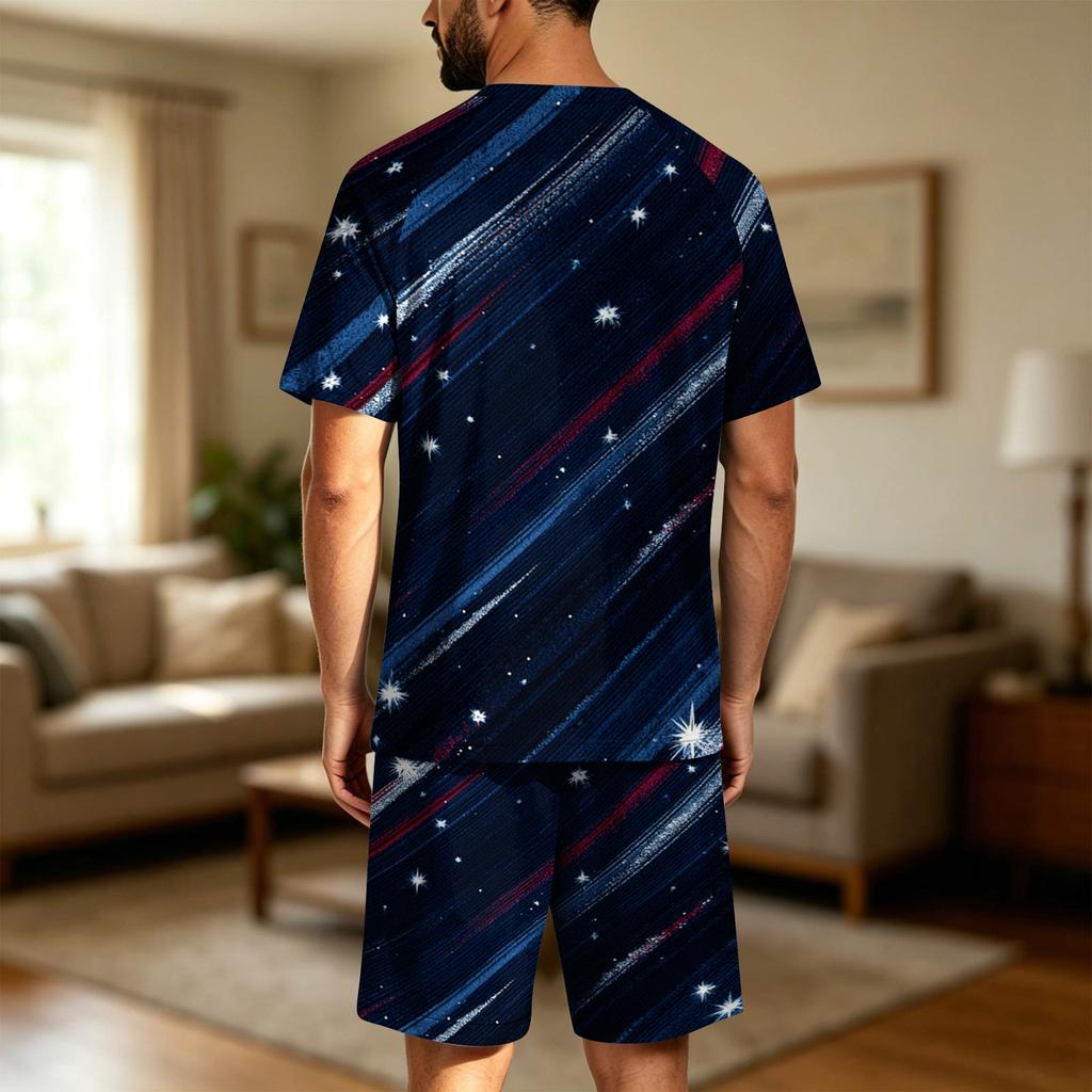 Conjunto de Pijama de Manga Corta para Hombre Ligero Transpirable Ropa de Dormir Top y Pantalones Cortos Cómodo Atuendo de Verano para Estar en Casa
