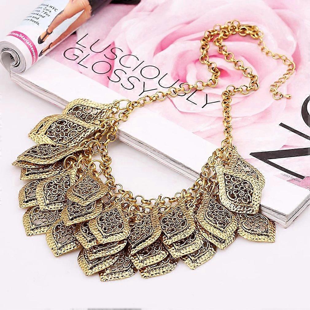 Vintage Gorgeous Multilayer Gold Plated Leaves Chain Collar Bib Chunky Necklace