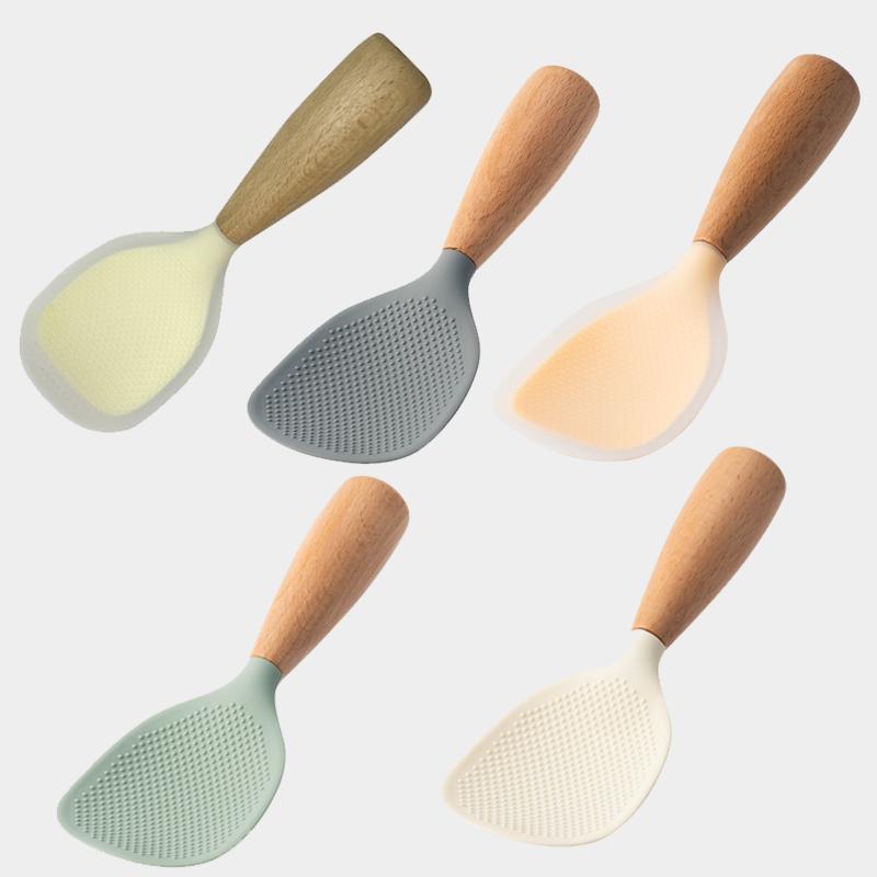 Rice Spoon Silicone Rice Spoon Standable Non - Stick Rice Spoon, Food - Grade Silicone/Wood, Home Rice Cooker Serving Spoon