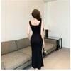 Black split neck dress two-piece suit women's autumn new French sweet and spicy sexy backless dress women's dress