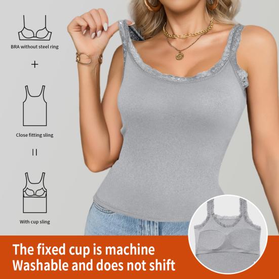 Spitzen-Tanktop für Damen Spaghettiträger Ärmelloses Camisole-Top mit integriertem BH