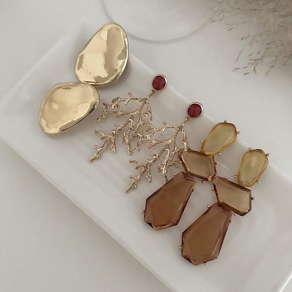 Exaggerated Metal Large Glossy Stud Earrings, Personalized Irregular Geometric Resin Gemstone Branch Earrings