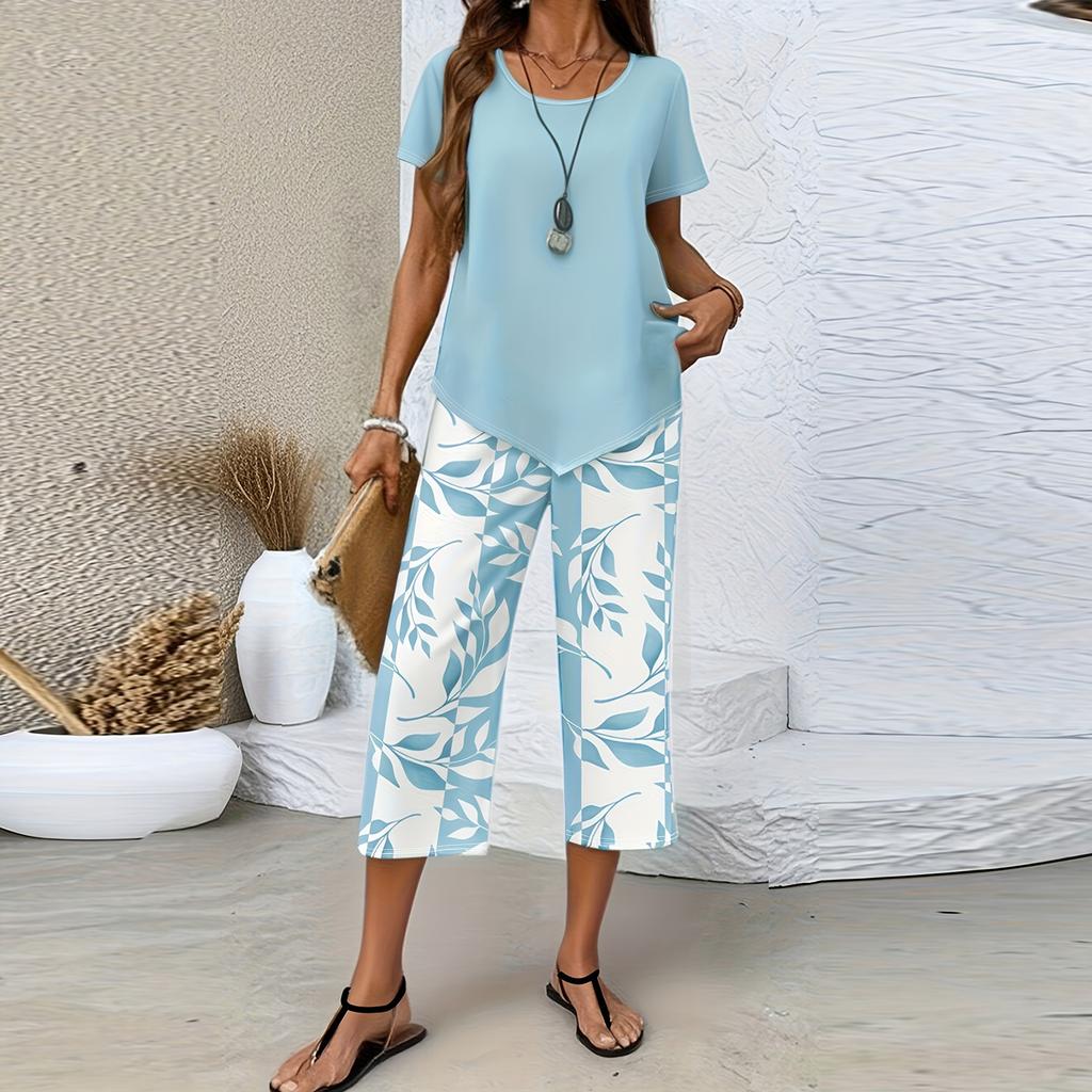 Damen Freizeit Zweiteiler Set Kurzarm Oberteil mit Hoher Taille Weiter Bein Bedruckte Hose Leichte Loungewear Sommer Outfit