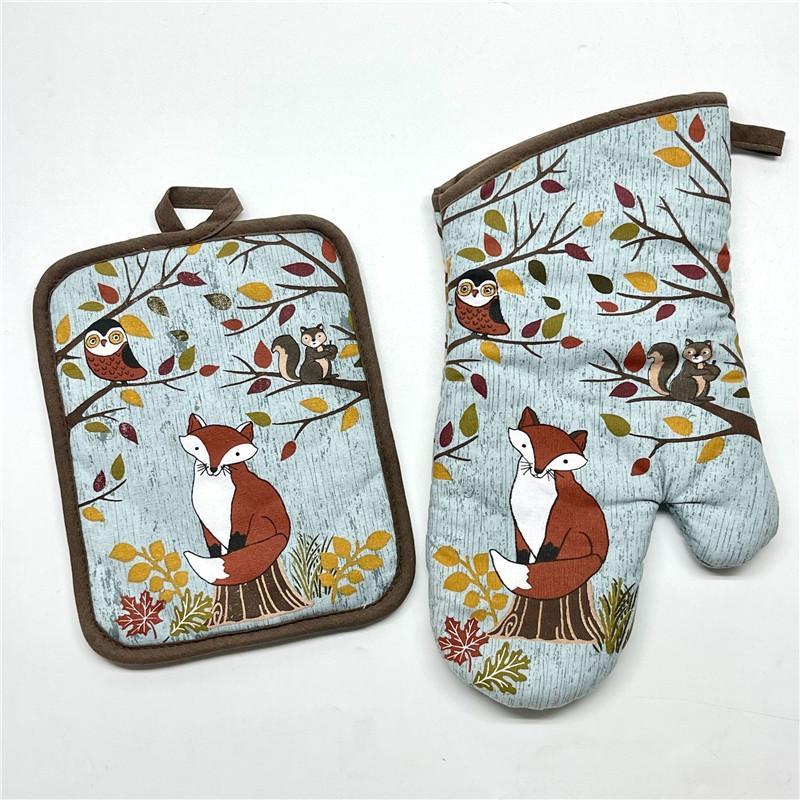 2Pcs/set Vintage Colorful Printed Cotton Heat Resistant Table Placemat With Oven Mitts Baking Glove Kitchen Tool