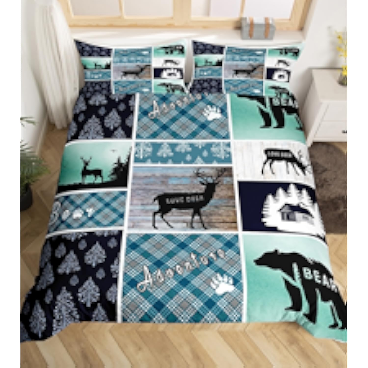 

Comforter Farmhouse Country Bear Moose Queen Size Forest Vintage Wood Decor Hunting Camping Adventure Themed Bedding Sets Comforter (quilt)-EU Single(135*200cm)3pcs