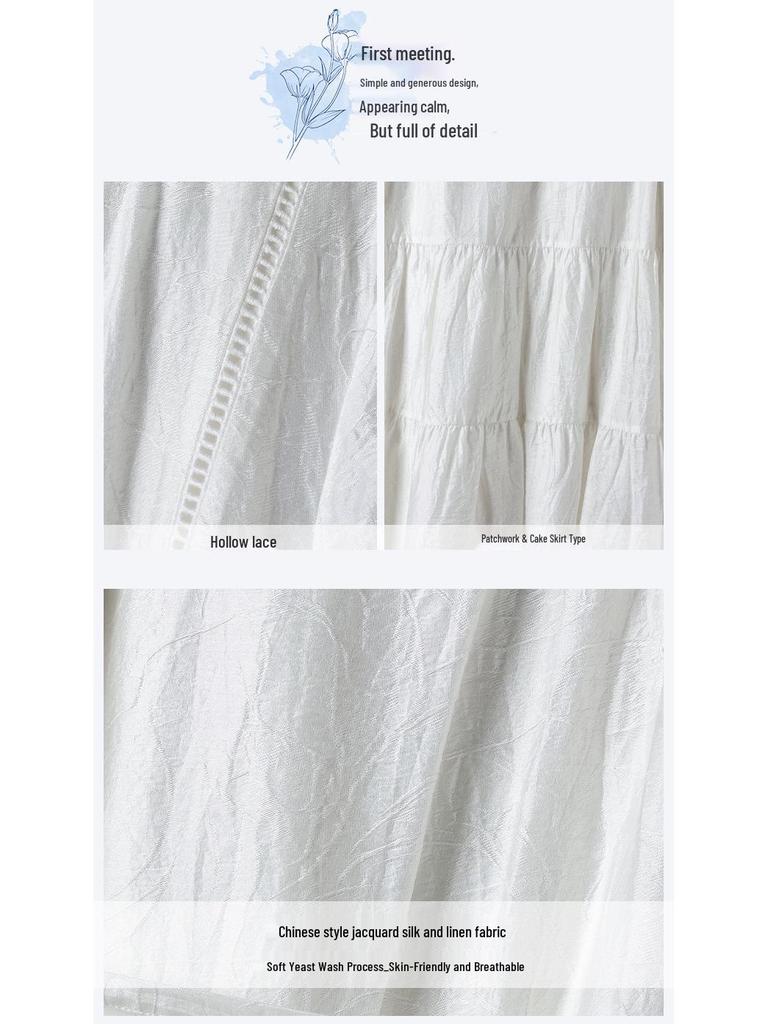 Women's White Cotton Linen Puff Sleeve Belted Midi Dress