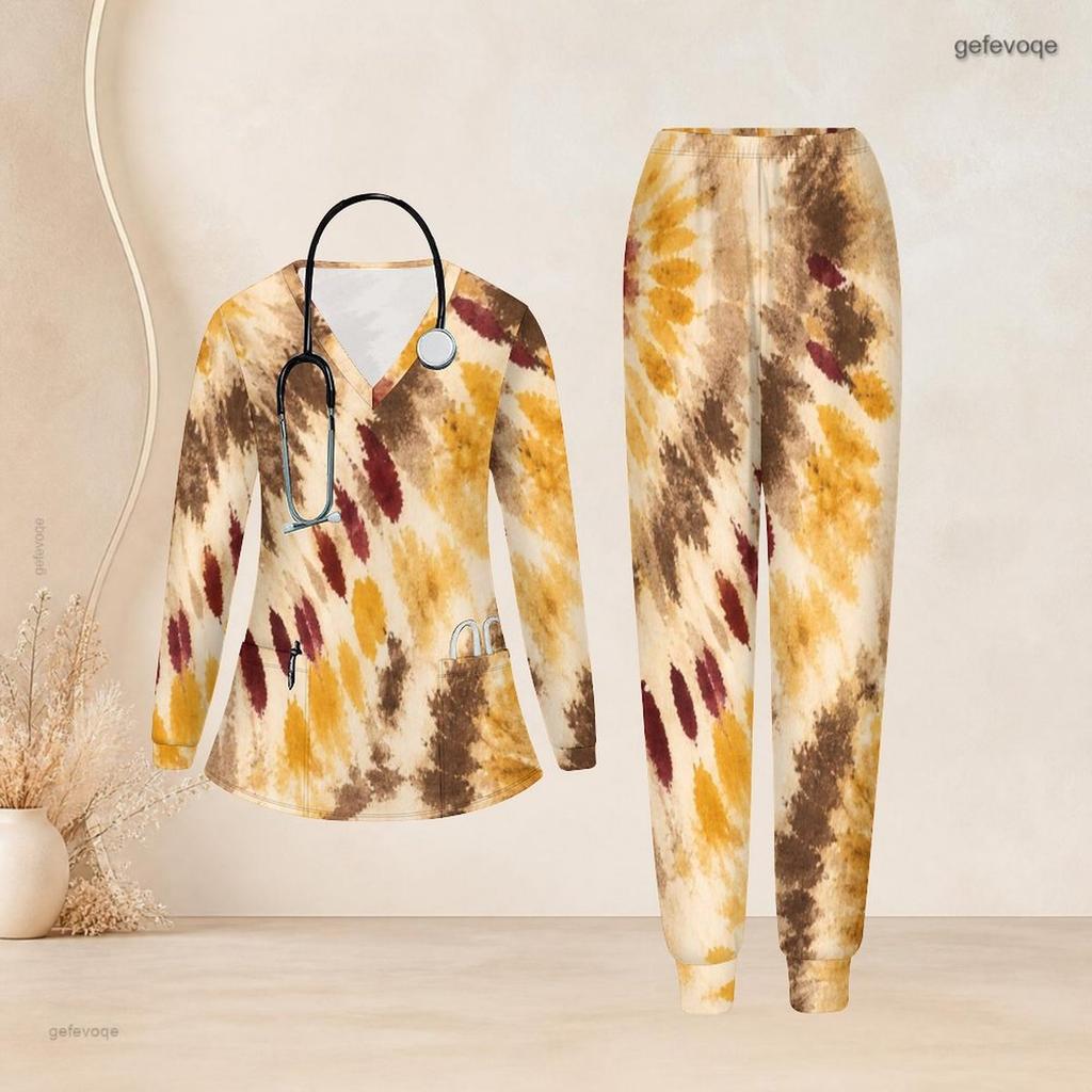Women Plus Size Printed Nurse Scrub Set V Neck Long Sleeve Top With Pockets Long Pants Two Piece