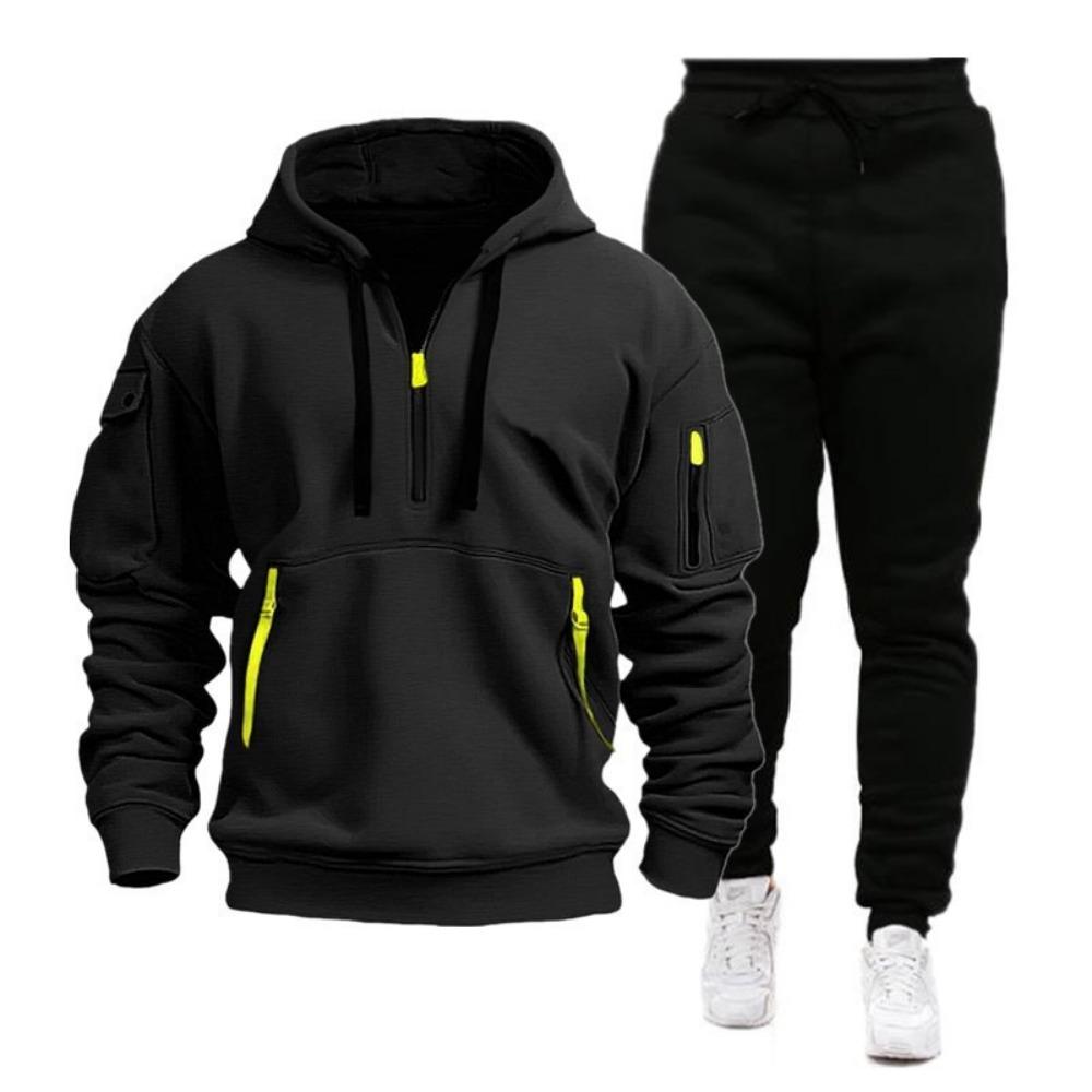 Autumn and Winter Men's Hoodie Zipper Multi Pocket Sweatshirt with Velvet Pants Set Hoodie Sports and Leisure Coat