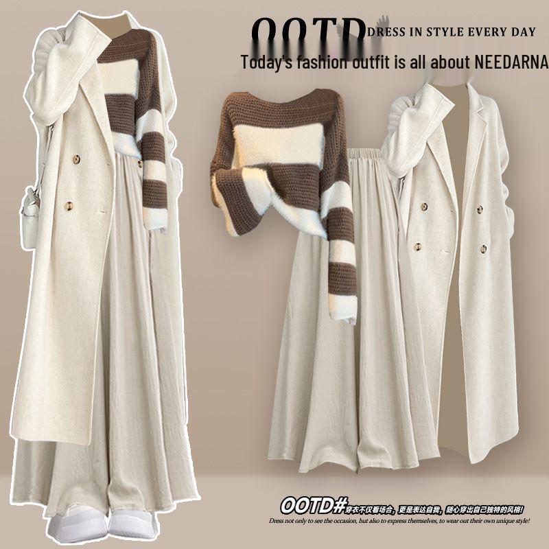 Women's Plus Size Fashion Trench Coat & Knit Sweater with Skirt and Pants Set - Autumn/Winter 2025