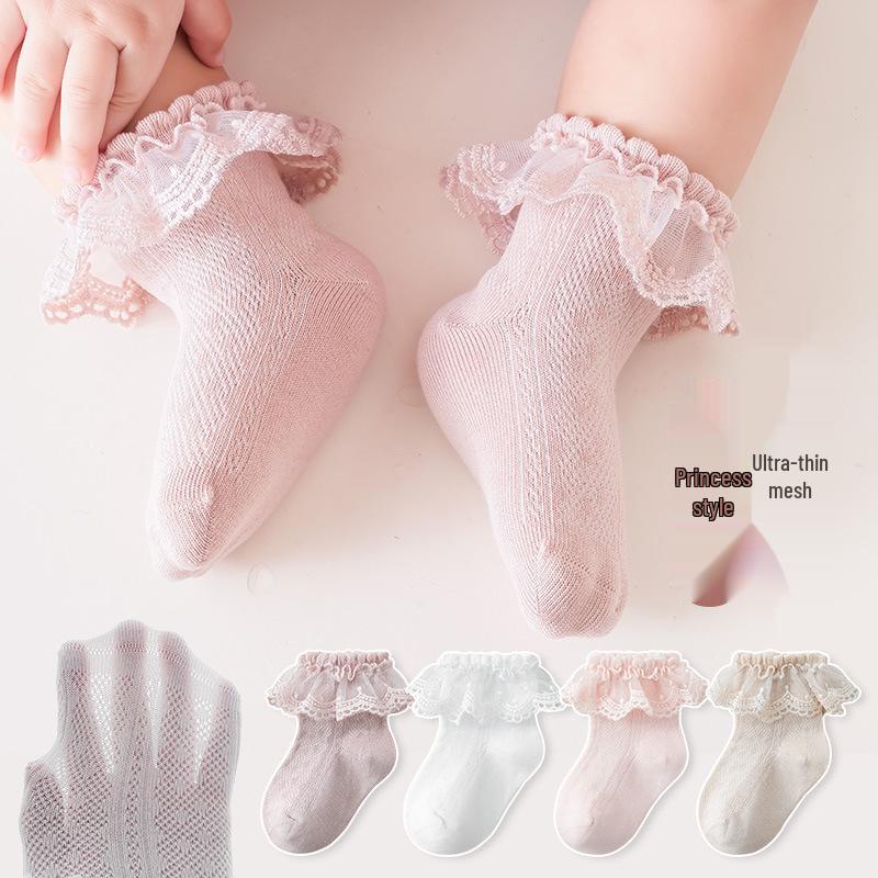 Girls' Combed Cotton Lace Mesh Socks - Breathable, Seamless, Solid Color Spring/Summer Princess Style