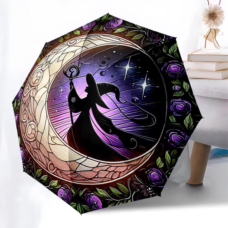 

1pc Stained Glass Moon & Flowers Automatic Folding Umbrella - Portable 3-Fold Design with 8-Bone Iron Frame, Outdoor for Fans, Travelers, Daily Use, F